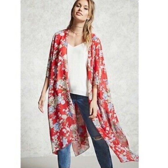 Forever 21 Jackets & Blazers - FOREVER 21 RED FLORAL CHIFFON KIMONO JACKET ROBE